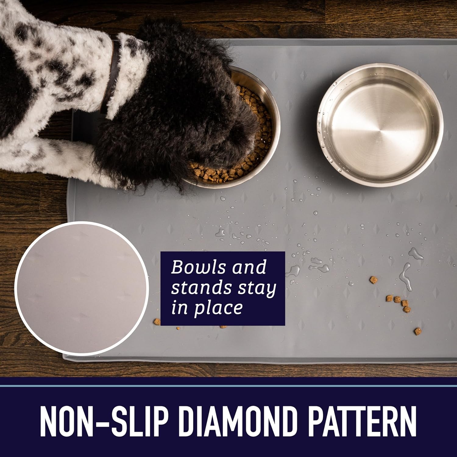 Leashboss Splash Mat Dog Food Mat with Tall Lip, M/L (20"X13"), XL (25”X17”) or XXL (30"X22") Dog Bowl Mat for Food and Water, Non Slip Waterproof Silicone Pet Food Mat for Dogs and Cats